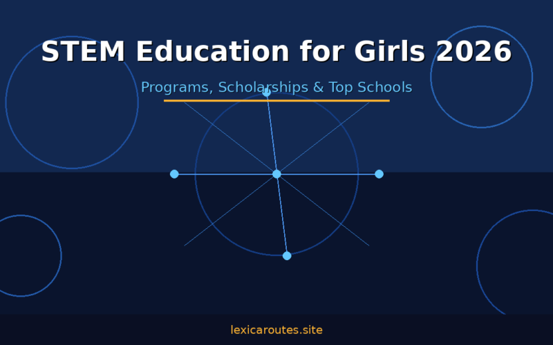 A featured promotional banner titled STEM Education for Girls 2026 under the light blue subtitle Programs, Scholarships & Top Schools underlined with a gold horizontal bar on lexicaroutes.site. The dark navy layout is split into two shades of blue by a subtle horizontal dividing line across the center. It features four large, empty blue outline circles placed in each corner and a large geometric radar chart graphic centered in the middle, displaying light blue data points connected by intersecting lines.