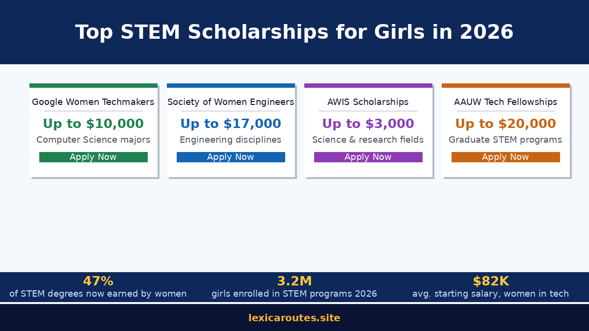 An informational education infographic titled Top STEM Scholarships for Girls in 2026 on lexicaroutes.site. Set against a light gray background, four side-by-side white funding cards are framed with distinct color accents at the top and bottom: Google Women Techmakers (Up to $10,000, Computer Science majors) accented in green; Society of Women Engineers (Up to $17,000, Engineering disciplines) accented in blue; AWIS Scholarships (Up to $3,000, Science & research fields) accented in purple; and AAUW Tech Fellowships (Up to $20,000, Graduate STEM programs) accented in orange. Each card features an "Apply Now" button. The dark navy footer bar outlines three statistics in yellow: 47% of STEM degrees now earned by women, 3.2M girls enrolled in STEM programs 2026, and $82K avg. starting salary, women in tech.