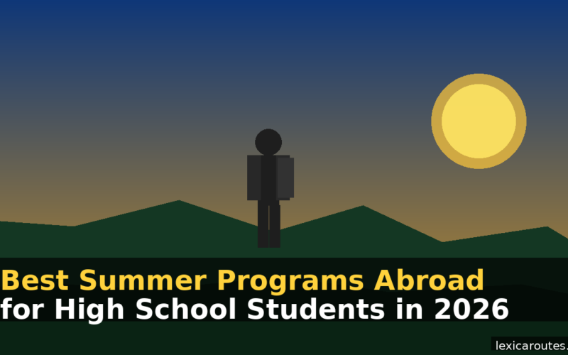 A featured promotional banner titled Best Summer Programs Abroad for High School Students in 2026 on lexicaroutes.site. The design features a minimalist flat vector illustration of a dark grey stylized person standing on low green hills under a large yellow sun. The background consists of a smooth gradient transitioning from a dark blue sky at the top to a warm, dusky orange near the horizon.